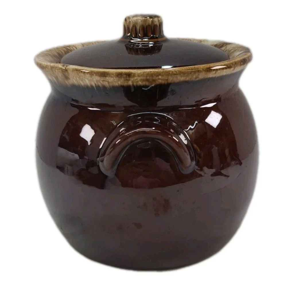 Vintage Hull Pottery Bean Pot Brown Drip Glaze Oven Proof with Lid Cookie Jar